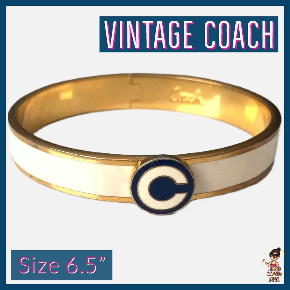 💙RARE/EUC/Vintage, Classic/SIGNED COACH/Hinge Bracelet/Enamel/Gold Tone/6.5”